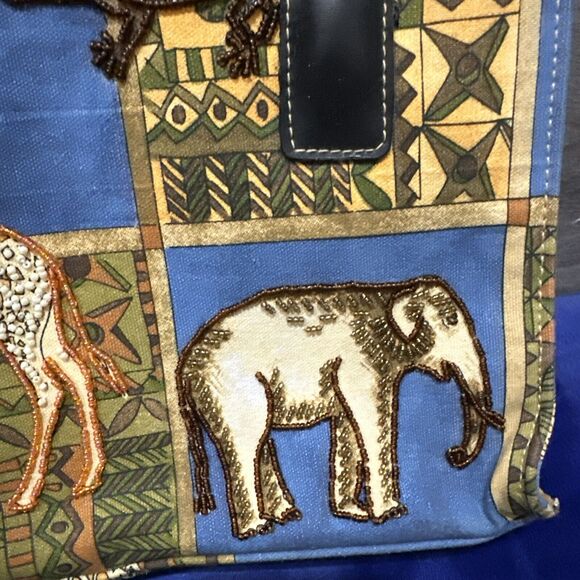 African Animals Handbag Purse Small/Cross Body Beaded Safari Neutral Tan Blue - Picture 5 of 11